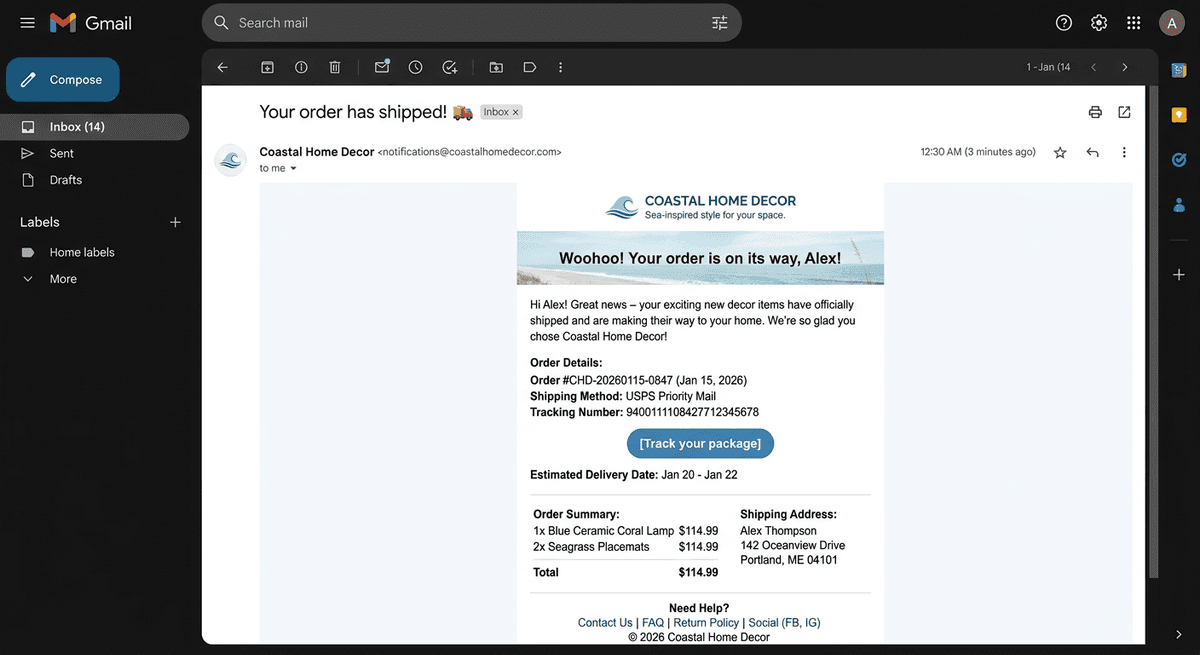 Exhibit D: Shipping Notification Email